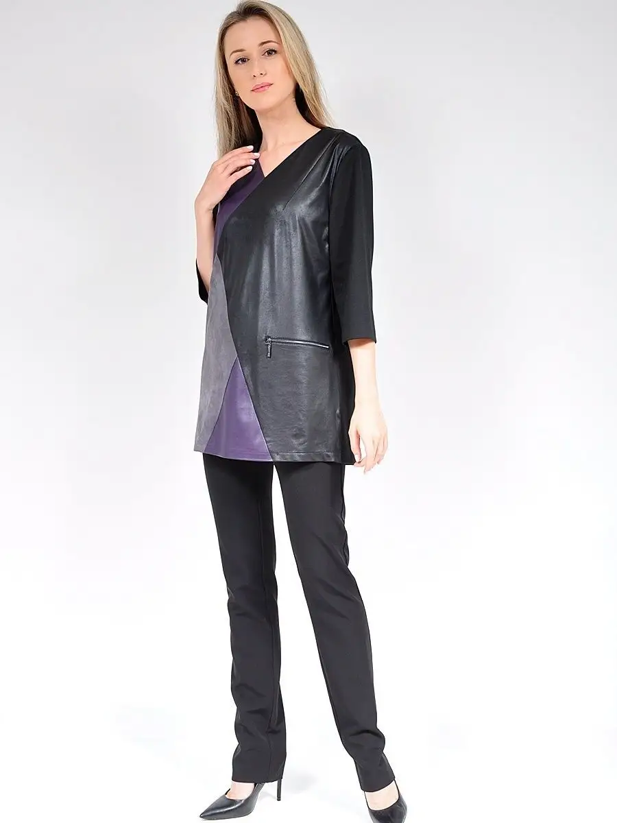 Туника /блузка/ с отделкой из ткани под кожу/ нарядная/большие размеры/блуза — изображение 5