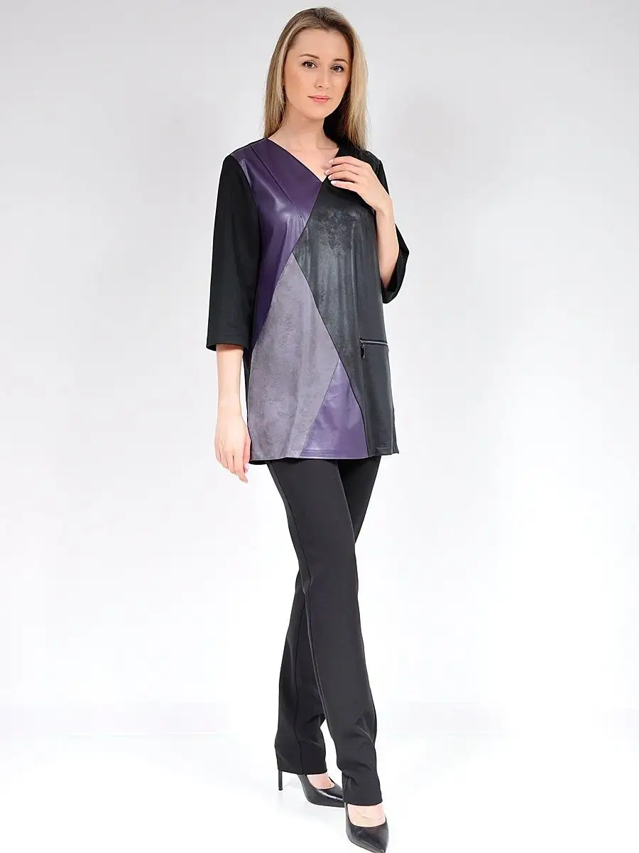 Туника /блузка/ с отделкой из ткани под кожу/ нарядная/большие размеры/блуза — изображение 6
