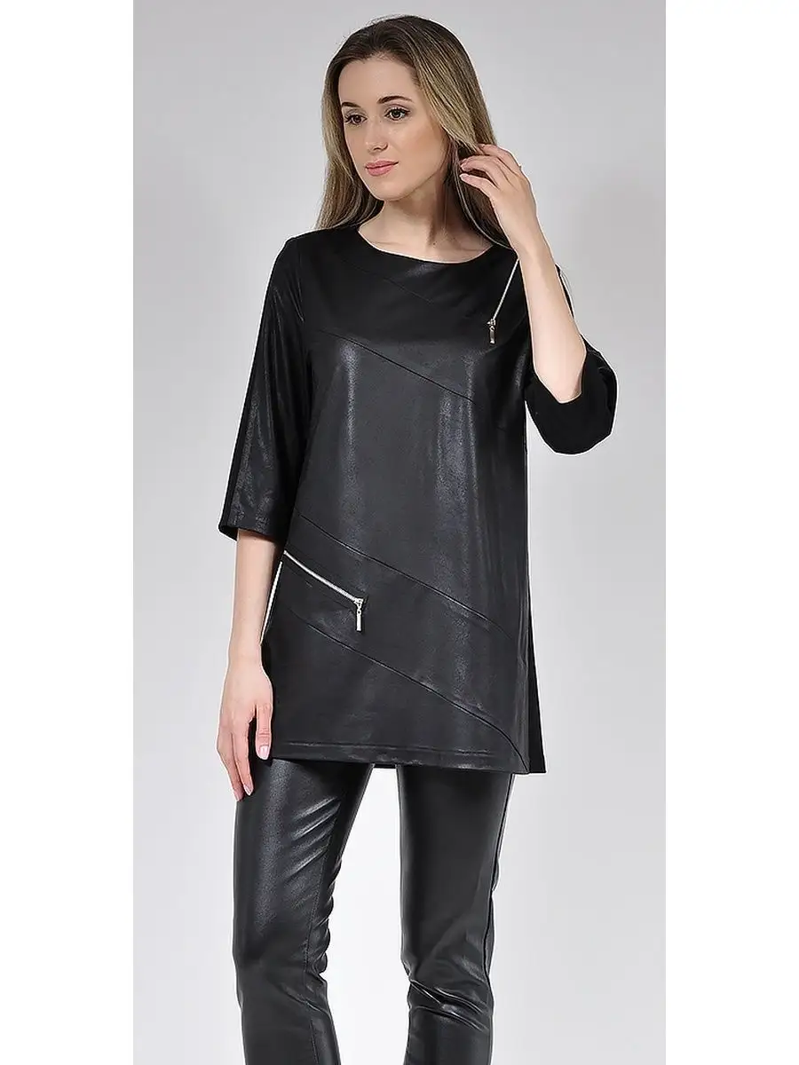 Туника из ткани под кожу черная модная