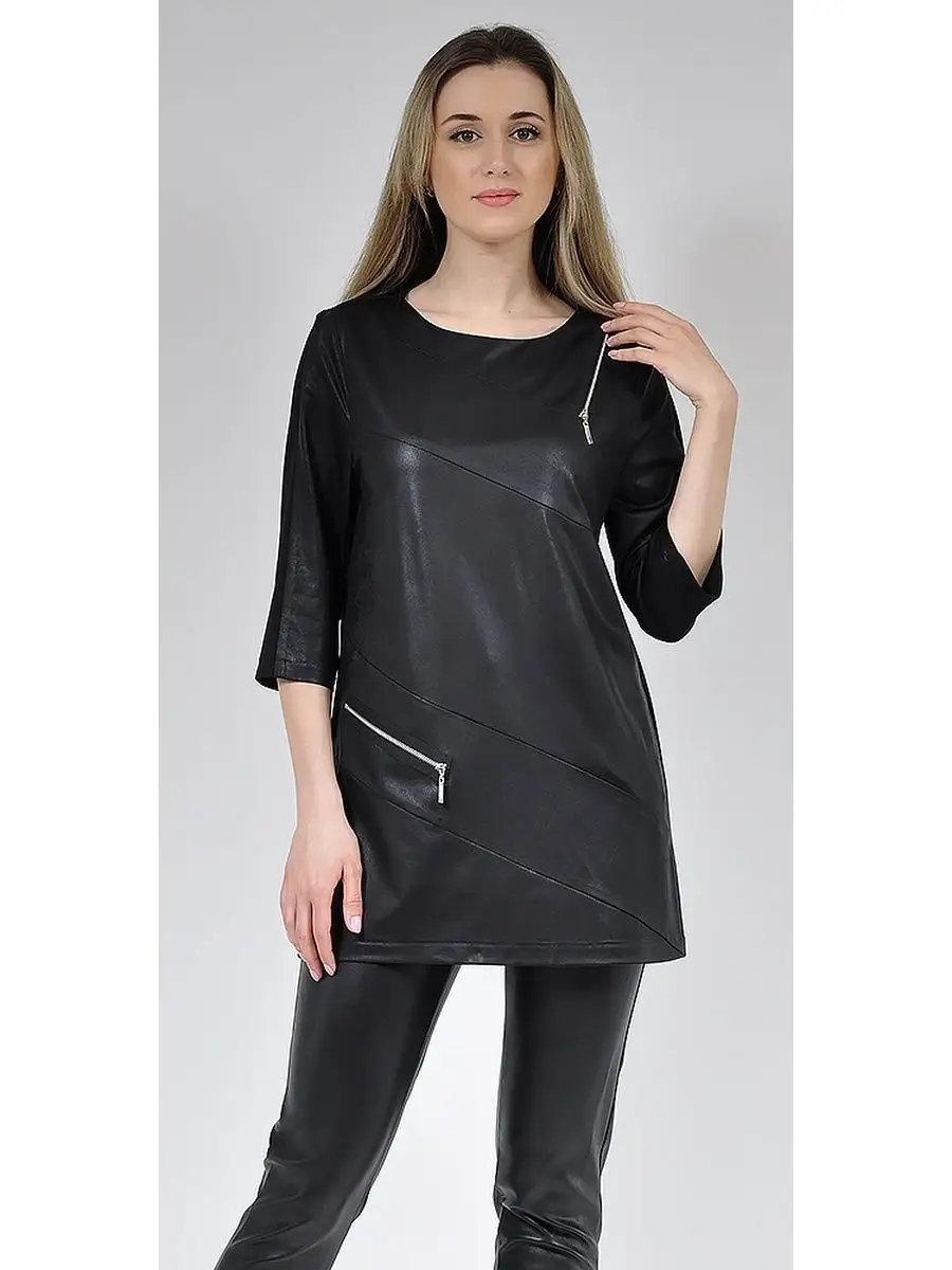 Туника из ткани под кожу черная модная — изображение 4