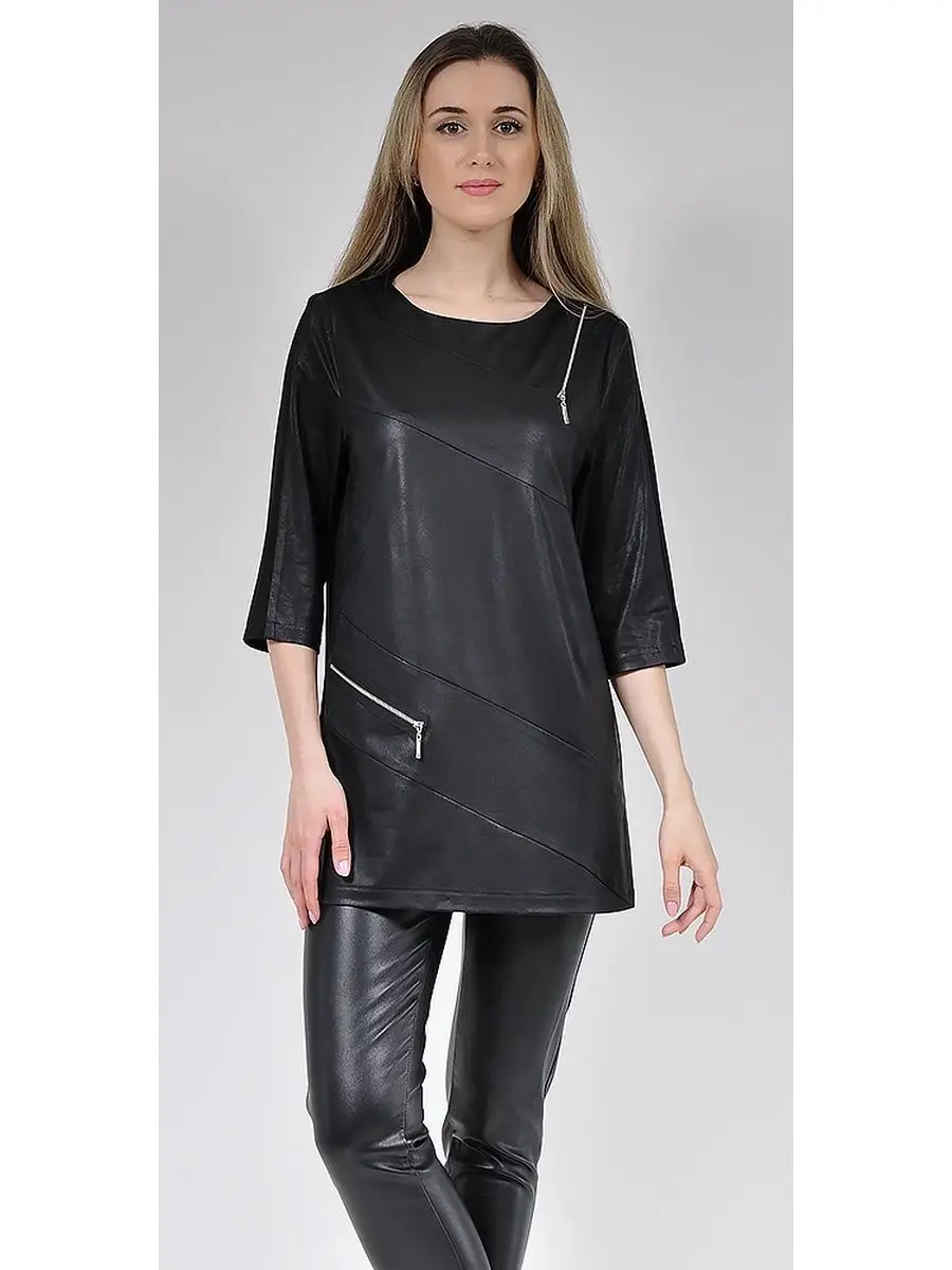 Туника из ткани под кожу черная модная — изображение 5