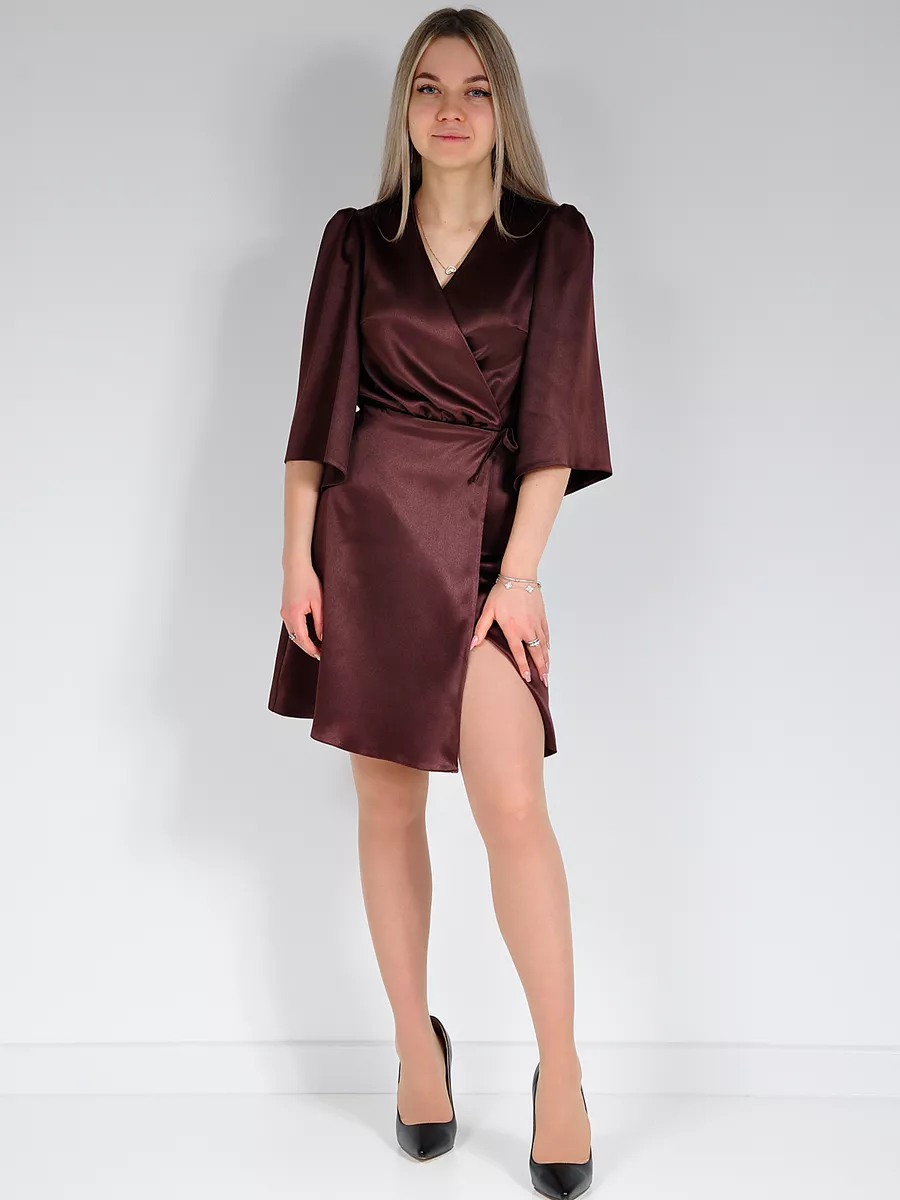 Платье атласное с запахом вечернее офисное — изображение 10