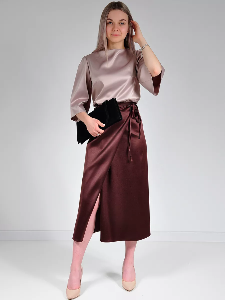 Юбка шелковая атласная миди на запах — изображение 11