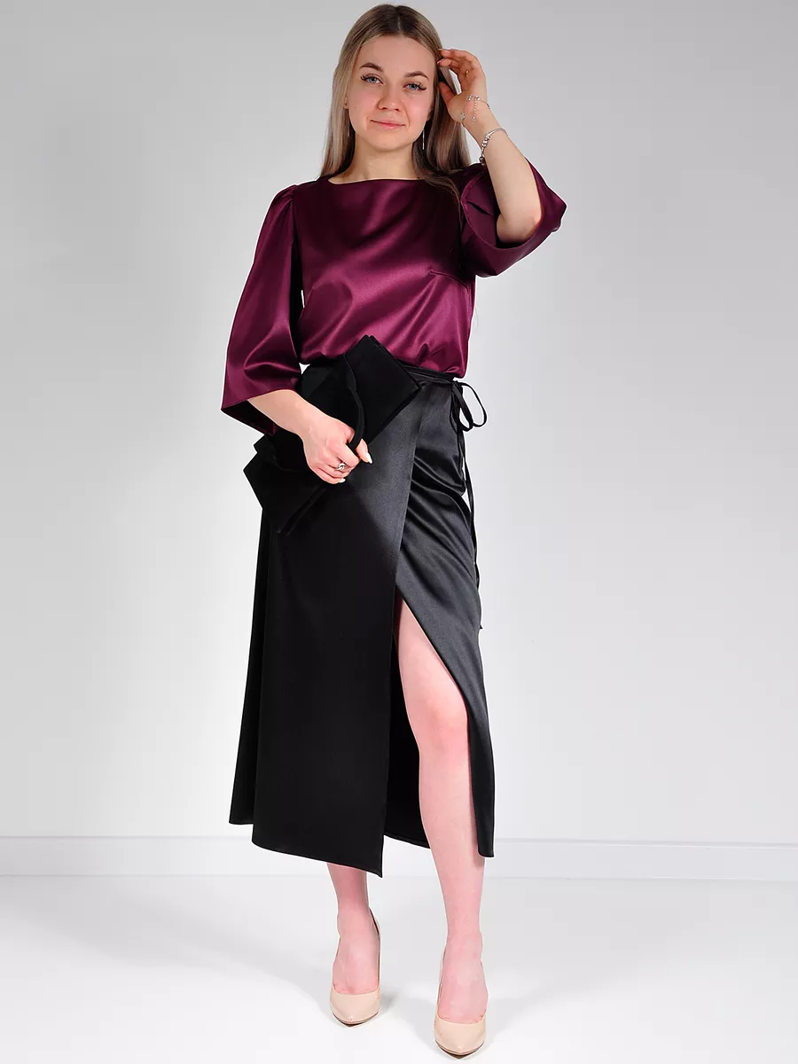 Юбка шелковая атласная миди с запахом — изображение 14